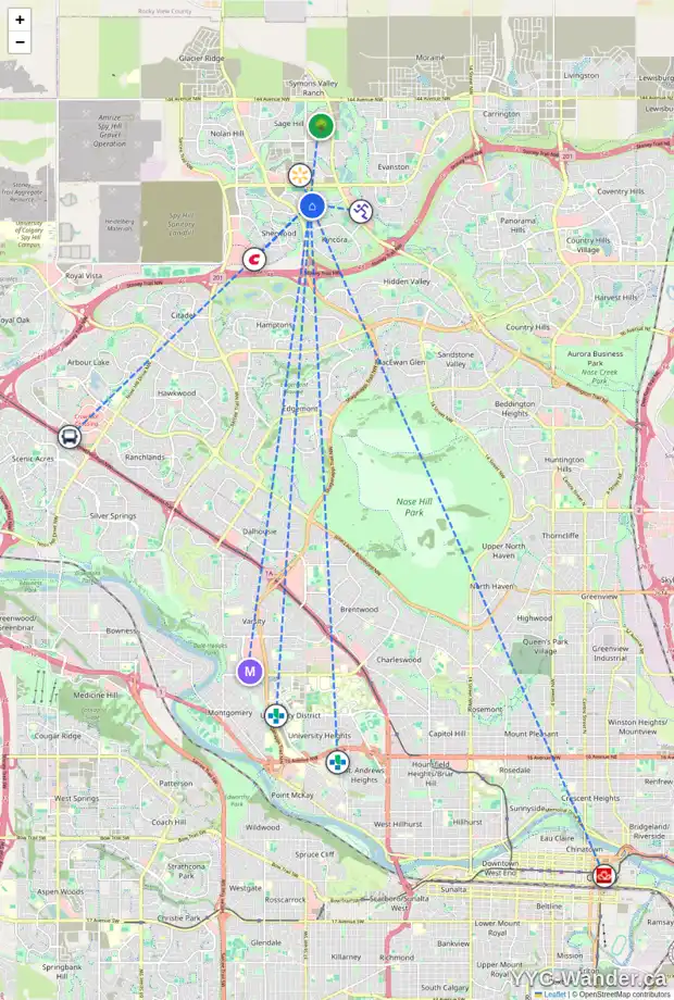 Daily accessibility map for 186 KINCORA GLEN RD NW, Calgary showing nearby schools, grocery stores, parks, LRT stations and nearby amenities