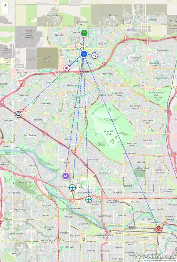 Daily accessibility map for 128 KINCORA GLEN RD NW, Calgary showing nearby schools, grocery stores, parks, LRT stations and nearby amenities