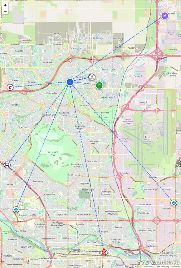 Daily accessibility map for 12 PANAMOUNT CM NW, Calgary showing nearby schools, grocery stores, parks, LRT stations and nearby amenities