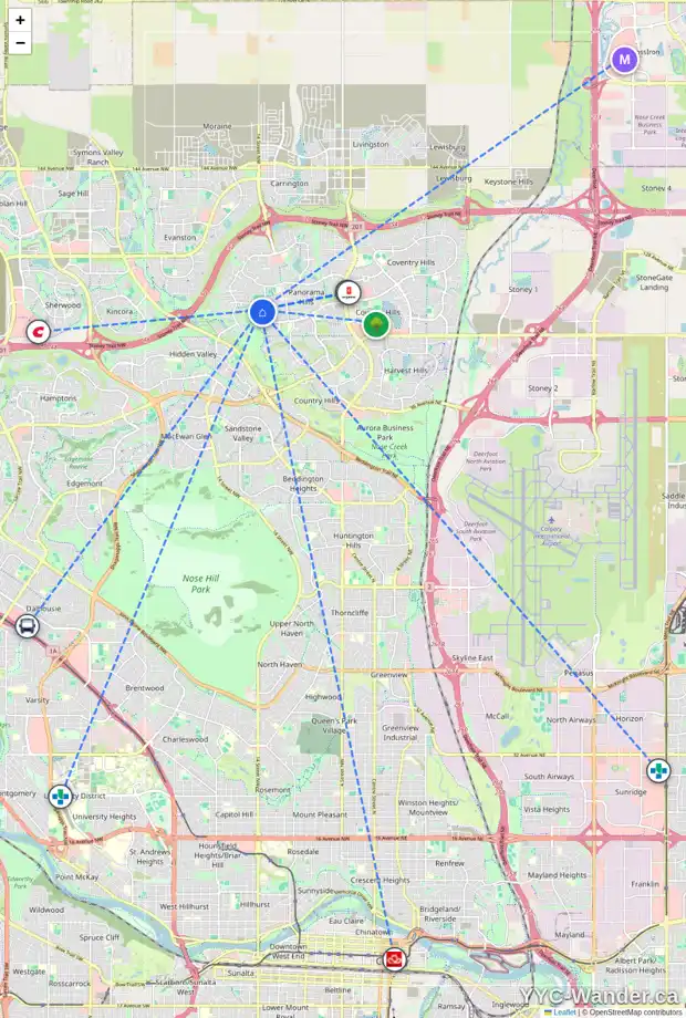 Daily accessibility map for 32 PANAMOUNT CM NW, Calgary showing nearby schools, grocery stores, parks, LRT stations and nearby amenities
