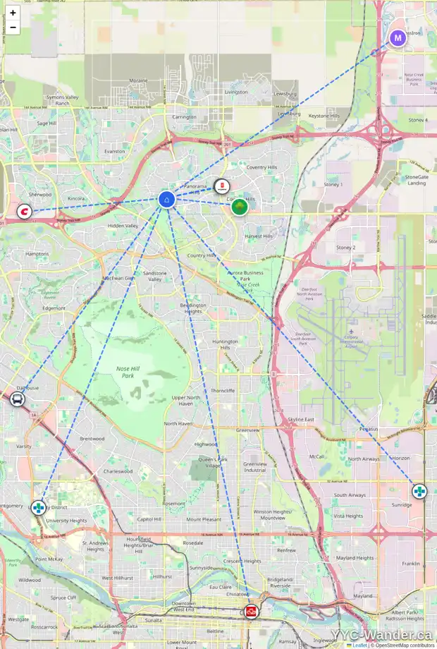 Daily accessibility map for 36 PANAMOUNT CM NW, Calgary showing nearby schools, grocery stores, parks, LRT stations and nearby amenities