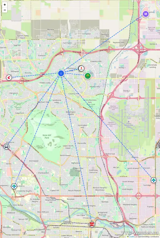 Daily accessibility map for 40 PANAMOUNT CM NW, Calgary showing nearby schools, grocery stores, parks, LRT stations and nearby amenities