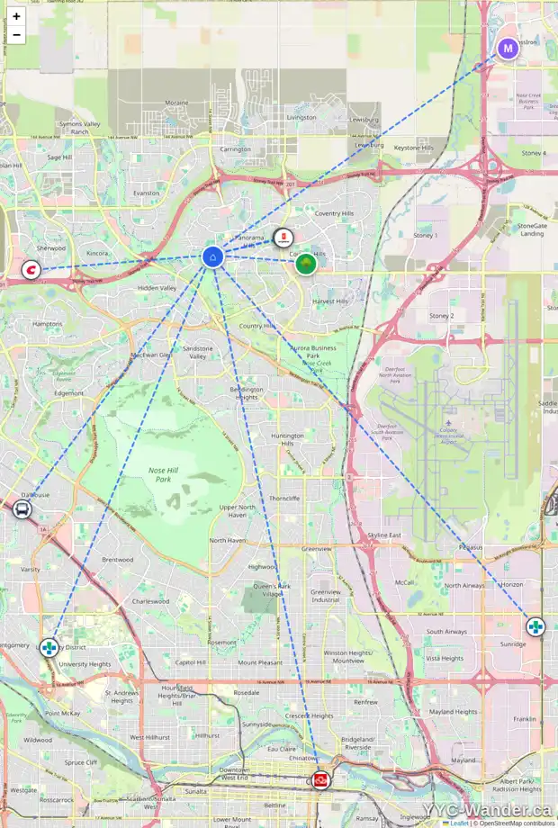 Daily accessibility map for 56 PANAMOUNT CM NW, Calgary showing nearby schools, grocery stores, parks, LRT stations and nearby amenities