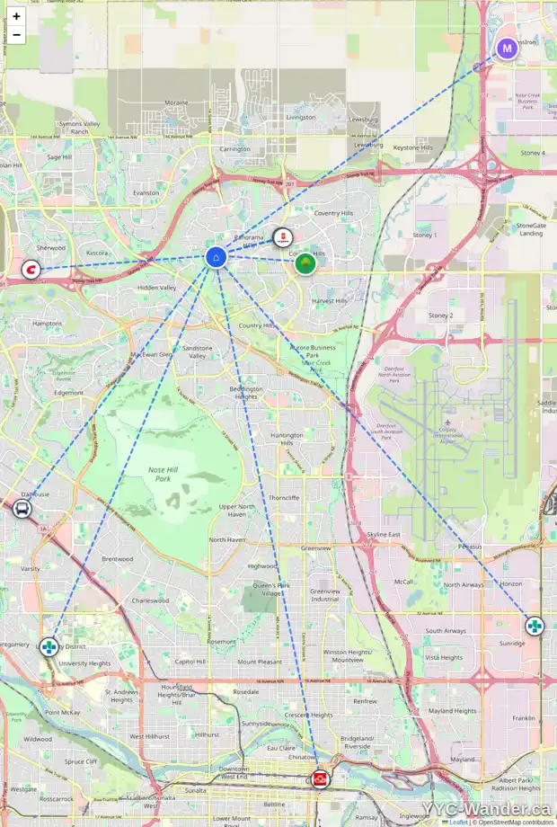 Daily accessibility map for 723 PANAMOUNT BV NW, Calgary showing nearby schools, grocery stores, parks, LRT stations and nearby amenities