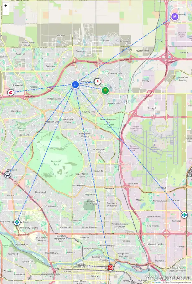 Daily accessibility map for 932 PANAMOUNT BV NW, Calgary showing nearby schools, grocery stores, parks, LRT stations and nearby amenities