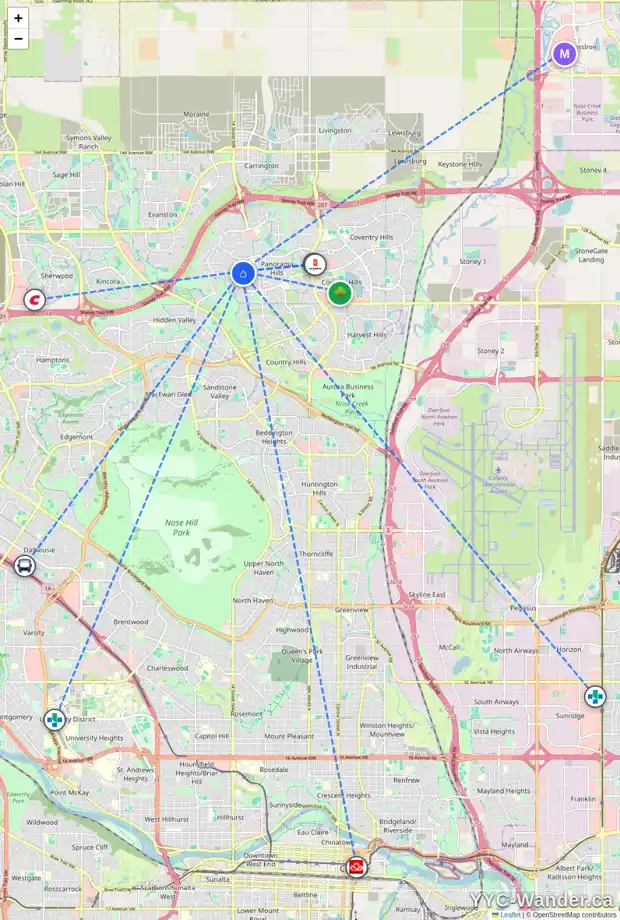 Daily accessibility map for 940 PANAMOUNT BV NW, Calgary showing nearby schools, grocery stores, parks, LRT stations and nearby amenities