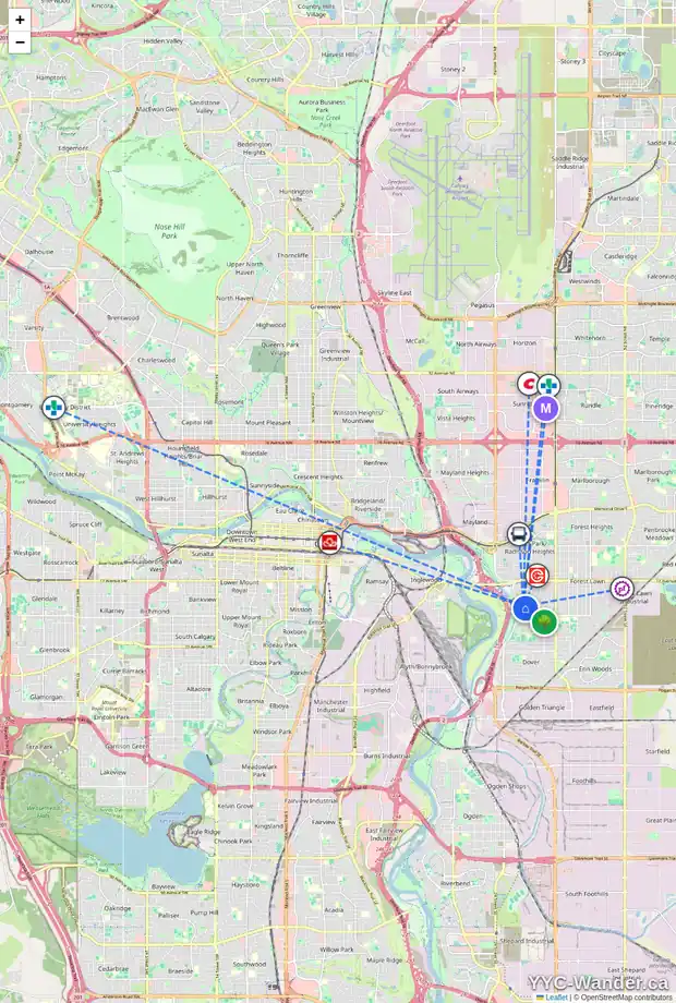 Daily accessibility map for 2414 27 ST SE, Calgary showing nearby schools, grocery stores, parks, LRT stations and nearby amenities