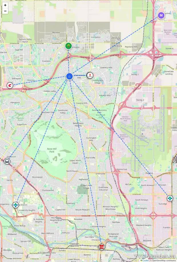 Daily accessibility map for 1076 PANAMOUNT BV NW, Calgary showing nearby schools, grocery stores, parks, LRT stations and nearby amenities