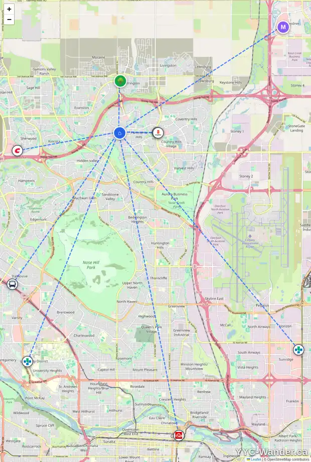 Daily accessibility map for 98 PANAMOUNT PZ NW, Calgary showing nearby schools, grocery stores, parks, LRT stations and nearby amenities