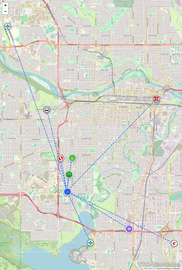 Daily accessibility map for 5001 21 ST SW, Calgary showing nearby schools, grocery stores, parks, LRT stations and nearby amenities