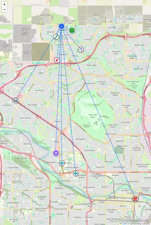 Daily accessibility map for 53 SAGE VALLEY CI NW, Calgary showing nearby schools, grocery stores, parks, LRT stations and nearby amenities