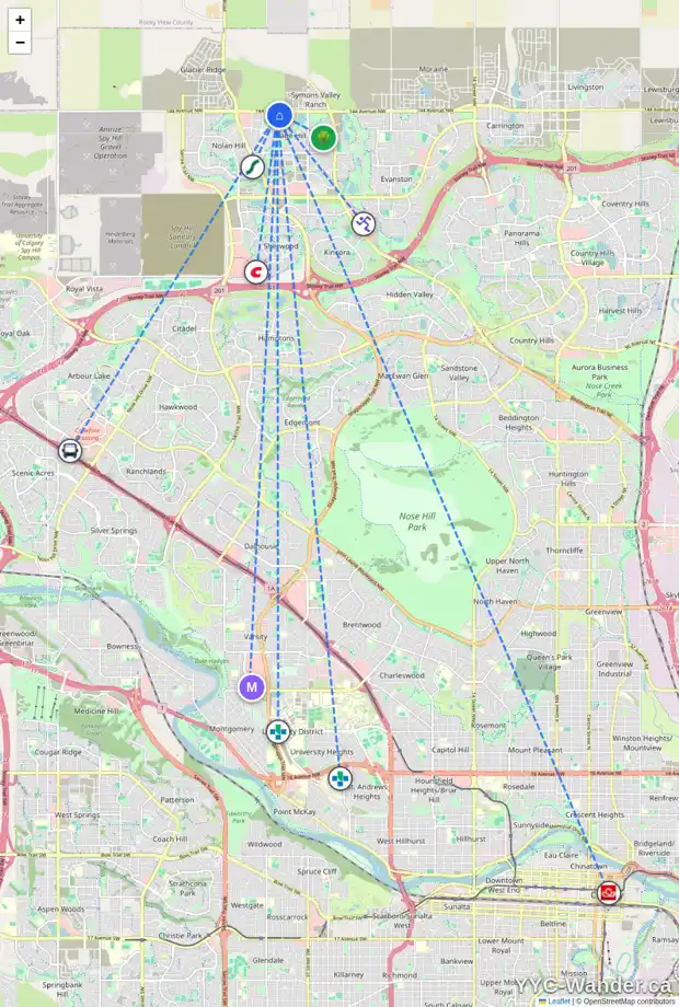 Daily accessibility map for 107 SAGE VALLEY CI NW, Calgary showing nearby schools, grocery stores, parks, LRT stations and nearby amenities