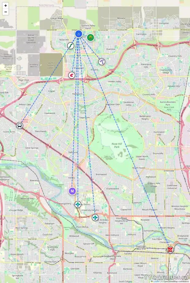 Daily accessibility map for 219 SAGE VALLEY CI NW, Calgary showing nearby schools, grocery stores, parks, LRT stations and nearby amenities