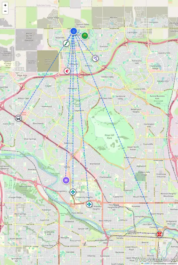 Daily accessibility map for 188 SAGE VALLEY CI NW, Calgary showing nearby schools, grocery stores, parks, LRT stations and nearby amenities