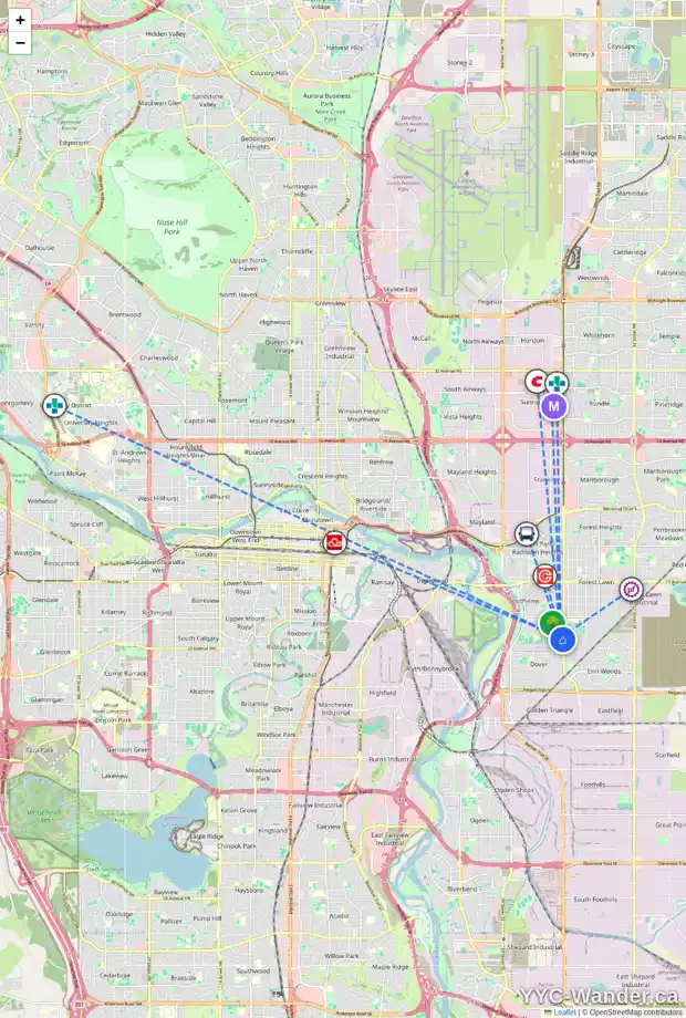 Daily accessibility map for 3459 30A AV SE, Calgary showing nearby schools, grocery stores, parks, LRT stations and nearby amenities