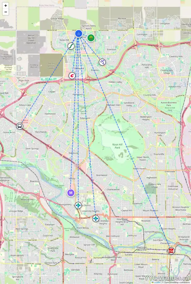 Daily accessibility map for 212 SAGE VALLEY CI NW, Calgary showing nearby schools, grocery stores, parks, LRT stations and nearby amenities