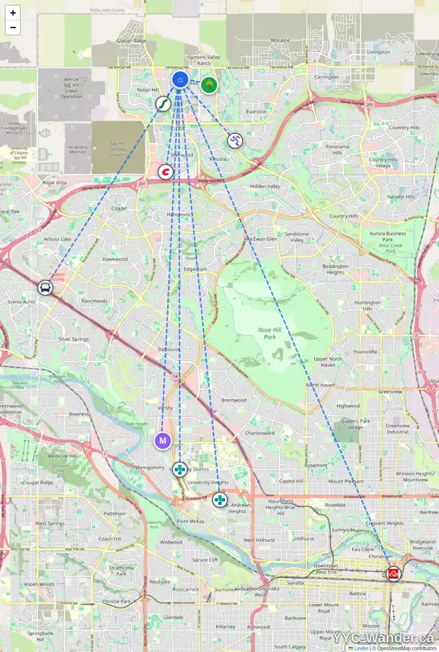 Daily accessibility map for 9 SAGE VALLEY CI NW, Calgary showing nearby schools, grocery stores, parks, LRT stations and nearby amenities