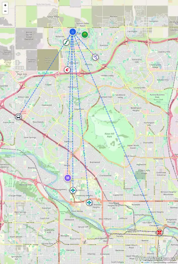 Daily accessibility map for 25 SAGE VALLEY CI NW, Calgary showing nearby schools, grocery stores, parks, LRT stations and nearby amenities