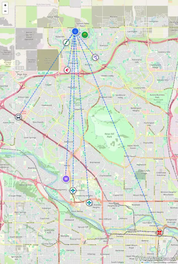 Daily accessibility map for 90 SAGE VALLEY DR NW, Calgary showing nearby schools, grocery stores, parks, LRT stations and nearby amenities