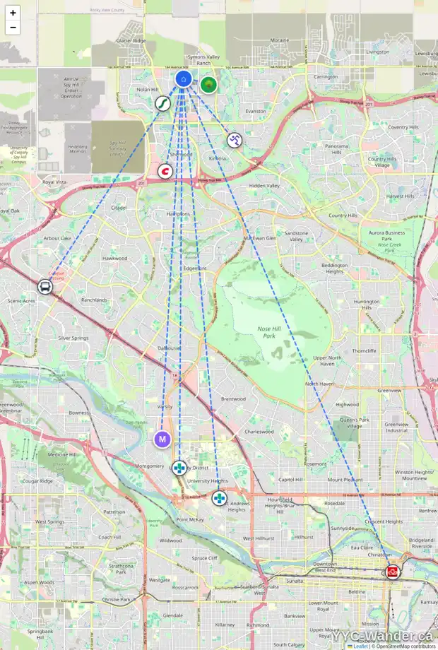 Daily accessibility map for 124 SAGE VALLEY DR NW, Calgary showing nearby schools, grocery stores, parks, LRT stations and nearby amenities