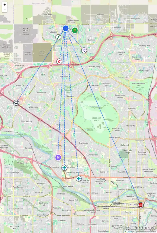 Daily accessibility map for 132 SAGE VALLEY DR NW, Calgary showing nearby schools, grocery stores, parks, LRT stations and nearby amenities