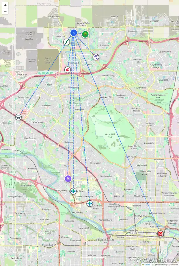 Daily accessibility map for 164 SAGE VALLEY DR NW, Calgary showing nearby schools, grocery stores, parks, LRT stations and nearby amenities