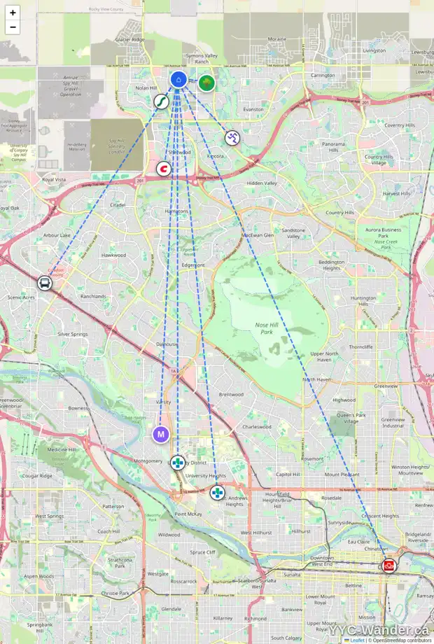 Daily accessibility map for 168 SAGE VALLEY DR NW, Calgary showing nearby schools, grocery stores, parks, LRT stations and nearby amenities