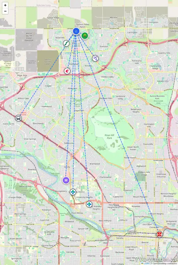 Daily accessibility map for 38 SAGE VALLEY CL NW, Calgary showing nearby schools, grocery stores, parks, LRT stations and nearby amenities