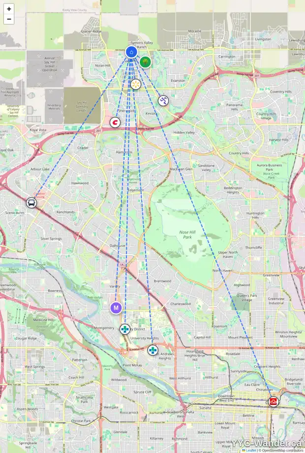 Daily accessibility map for 86 SAGE VALLEY CL NW, Calgary showing nearby schools, grocery stores, parks, LRT stations and nearby amenities
