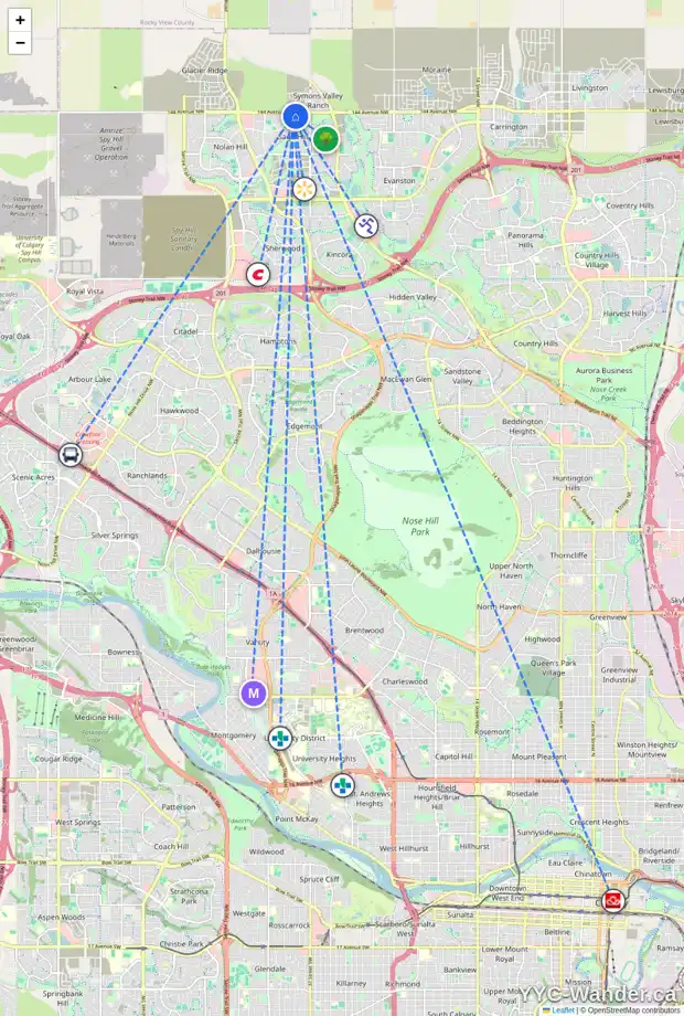 Daily accessibility map for 90 SAGE VALLEY CL NW, Calgary showing nearby schools, grocery stores, parks, LRT stations and nearby amenities