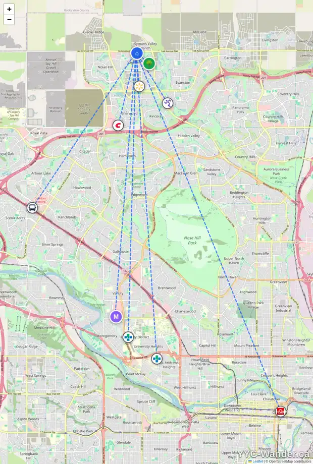 Daily accessibility map for 122 SAGE VALLEY CL NW, Calgary showing nearby schools, grocery stores, parks, LRT stations and nearby amenities