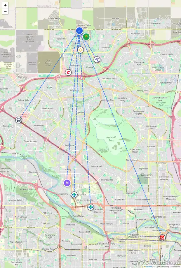 Daily accessibility map for 126 SAGE VALLEY CL NW, Calgary showing nearby schools, grocery stores, parks, LRT stations and nearby amenities
