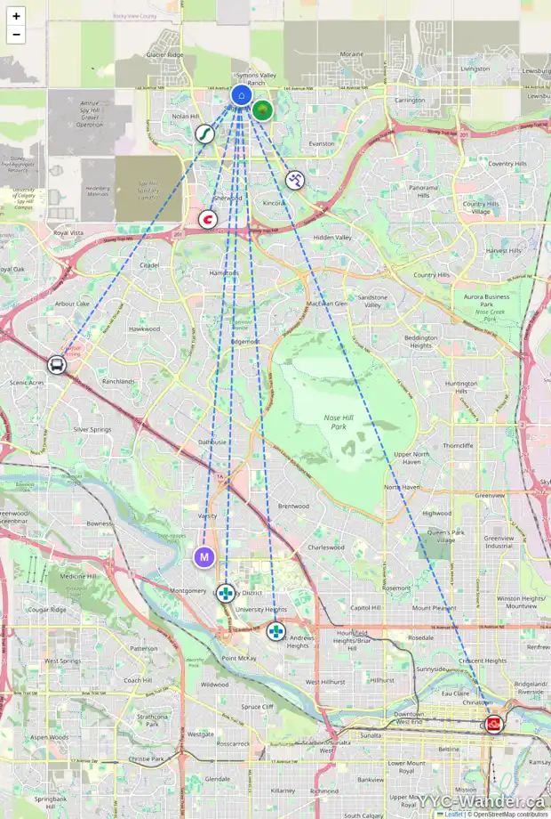Daily accessibility map for 146 SAGE VALLEY CL NW, Calgary showing nearby schools, grocery stores, parks, LRT stations and nearby amenities