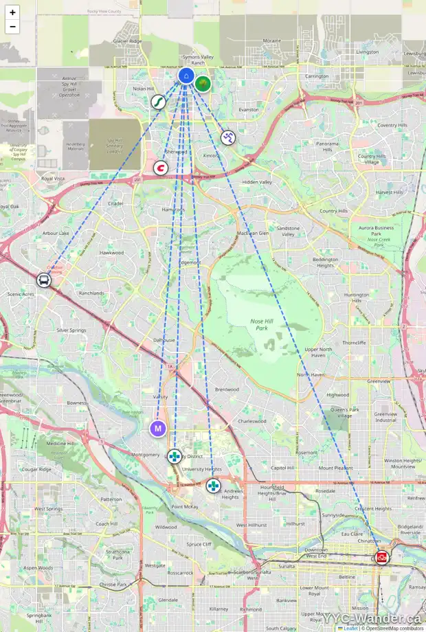 Daily accessibility map for 186 SAGE VALLEY CL NW, Calgary showing nearby schools, grocery stores, parks, LRT stations and nearby amenities