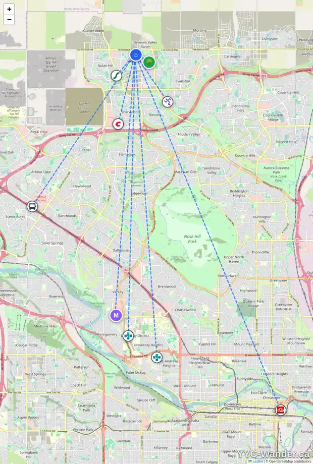 Daily accessibility map for 169 SAGE VALLEY CL NW, Calgary showing nearby schools, grocery stores, parks, LRT stations and nearby amenities