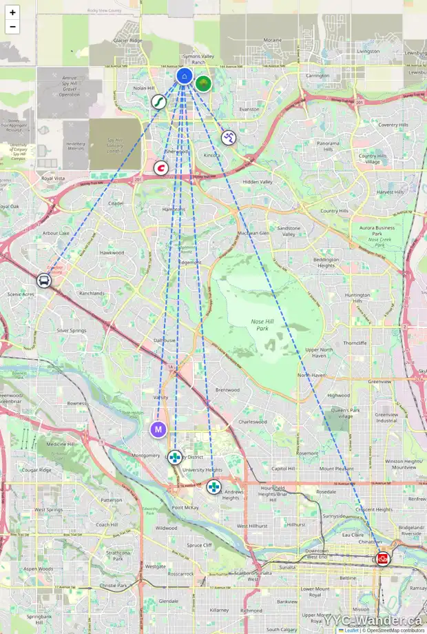 Daily accessibility map for 201 SAGE VALLEY CL NW, Calgary showing nearby schools, grocery stores, parks, LRT stations and nearby amenities
