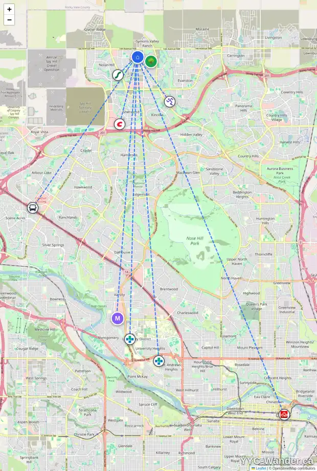 Daily accessibility map for 50 SAGE VALLEY PA NW, Calgary showing nearby schools, grocery stores, parks, LRT stations and nearby amenities