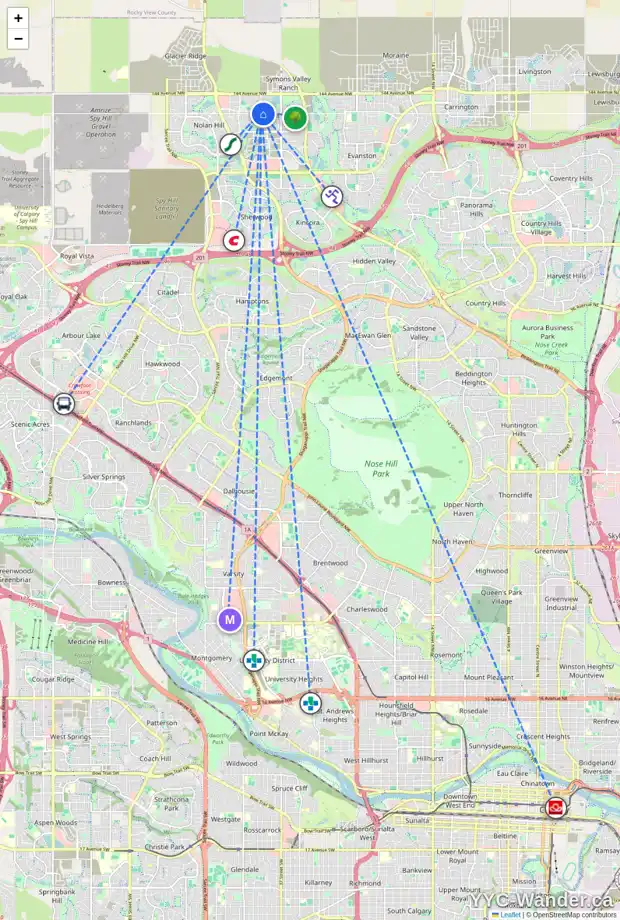 Daily accessibility map for 87 SAGE VALLEY PA NW, Calgary showing nearby schools, grocery stores, parks, LRT stations and nearby amenities