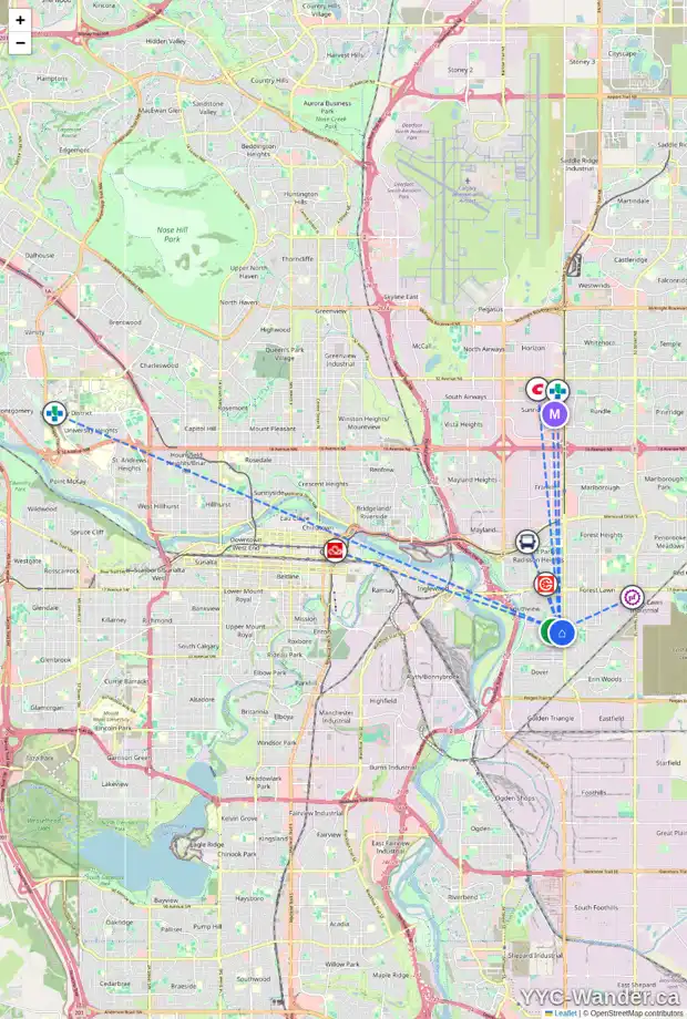 Daily accessibility map for 3624 27A AV SE, Calgary showing nearby schools, grocery stores, parks, LRT stations and nearby amenities