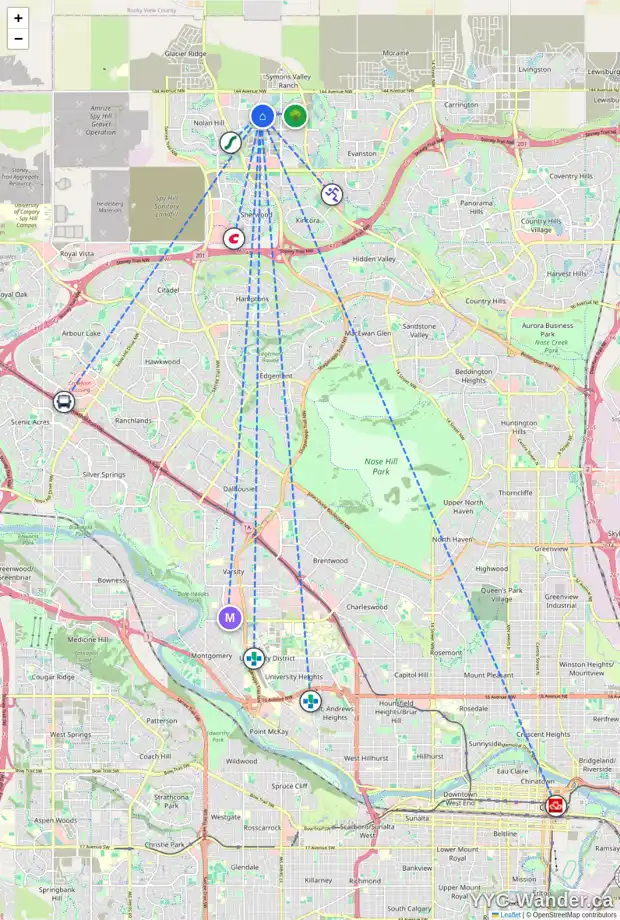 Daily accessibility map for 108 SAGE VALLEY PA NW, Calgary showing nearby schools, grocery stores, parks, LRT stations and nearby amenities