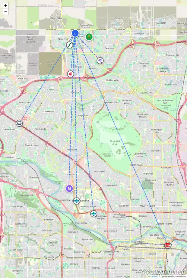Daily accessibility map for 35 SAGE VALLEY CO NW, Calgary showing nearby schools, grocery stores, parks, LRT stations and nearby amenities
