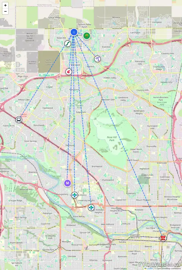Daily accessibility map for 51 SAGE VALLEY CO NW, Calgary showing nearby schools, grocery stores, parks, LRT stations and nearby amenities