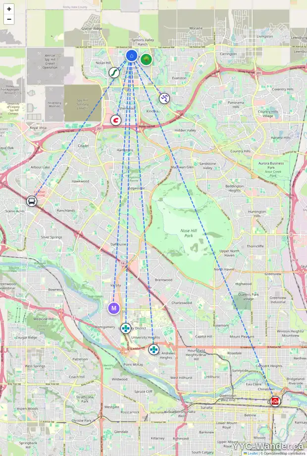 Daily accessibility map for 10 SAGE VALLEY MR NW, Calgary showing nearby schools, grocery stores, parks, LRT stations and nearby amenities