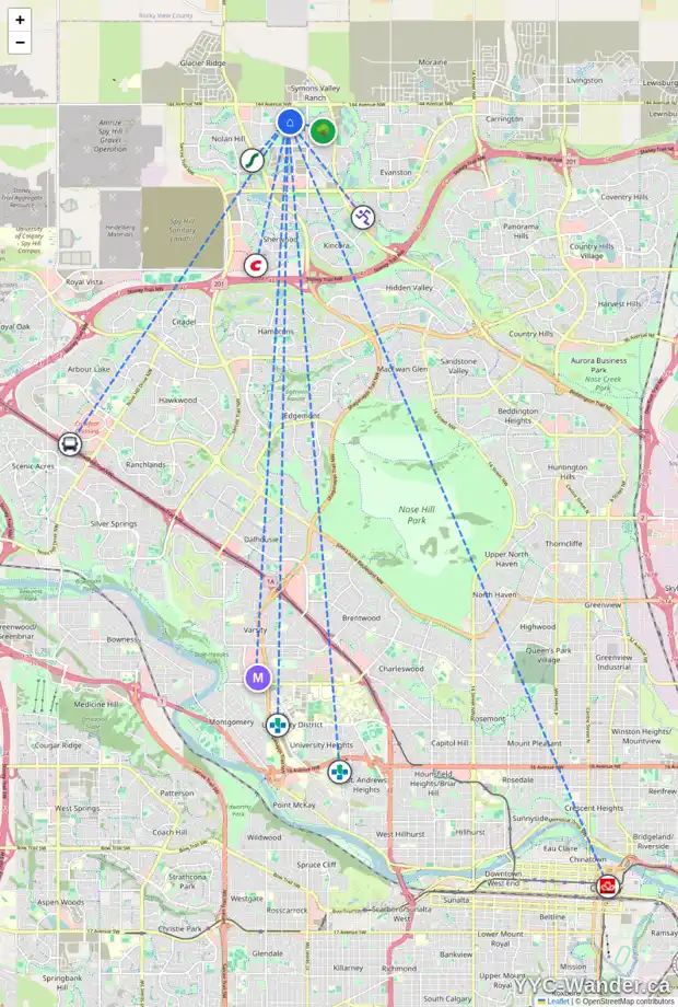 Daily accessibility map for 18 SAGE VALLEY MR NW, Calgary showing nearby schools, grocery stores, parks, LRT stations and nearby amenities