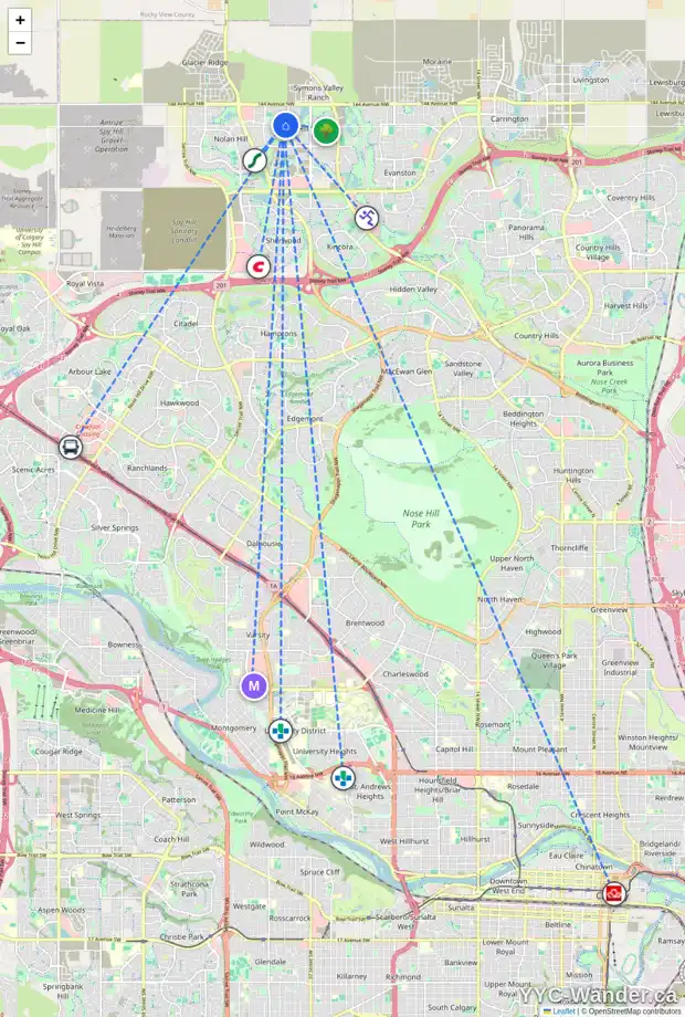 Daily accessibility map for 86 SAGE VALLEY MR NW, Calgary showing nearby schools, grocery stores, parks, LRT stations and nearby amenities