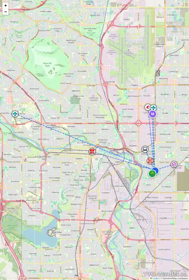 Daily accessibility map for 2506 35 ST SE, Calgary showing nearby schools, grocery stores, parks, LRT stations and nearby amenities