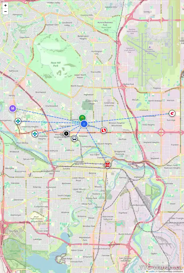Daily accessibility map for 907 23 AV NW, Calgary showing nearby schools, grocery stores, parks, LRT stations and nearby amenities