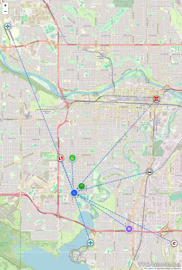 Daily accessibility map for 2037 49 AV SW, Calgary showing nearby schools, grocery stores, parks, LRT stations and nearby amenities