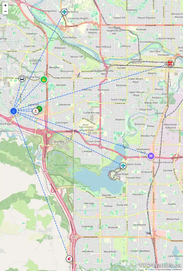 Daily accessibility map for 7508 SPRINGBANK WY SW, Calgary showing nearby schools, grocery stores, parks, LRT stations and nearby amenities