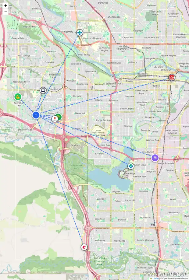 Daily accessibility map for 19 SPRINGBLUFF PT SW, Calgary showing nearby schools, grocery stores, parks, LRT stations and nearby amenities
